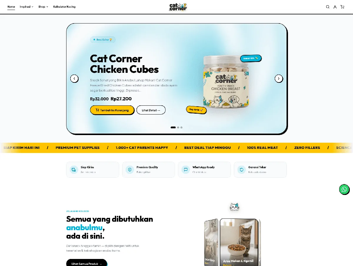 The Cat Corner online store homepage — a custom cat food and supplies shop we built
